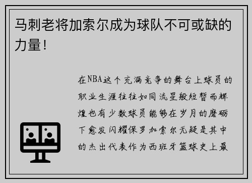 马刺老将加索尔成为球队不可或缺的力量！