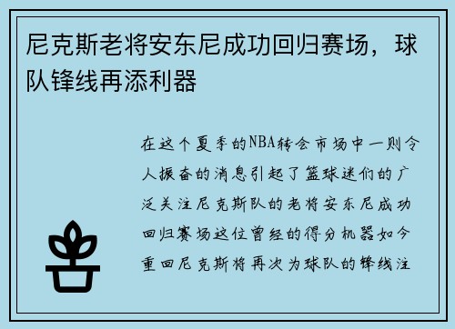 尼克斯老将安东尼成功回归赛场，球队锋线再添利器